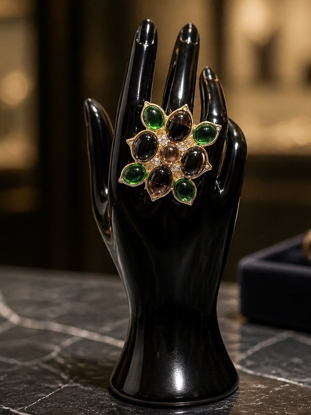 Gold-Tone Green & Black Floral Statement Ring